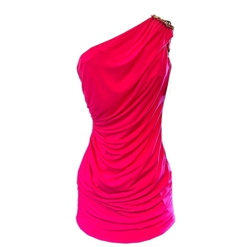 DAVID MEISTER,NWT,WOMENS,HOT PINK, ONE SHOULDER DRESS. LINED, RUCHED BODY.SIZE 6